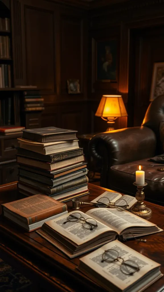 A cozy dark academia living room with stacks of vintage books on a wooden coffee table and next to a leather armchair. Some books are open, others are topped with candles and antique glasses. The lighting is soft and warm, creating a scholarly, intimate vibe.