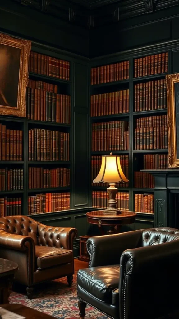 A cozy dark academia living room with deep forest green walls, antique bookshelves, a tufted leather armchair, vintage gold-framed art, and warm ambient lighting from a table lamp. The scene should feel moody and intellectual, with classic decor and rich textures.