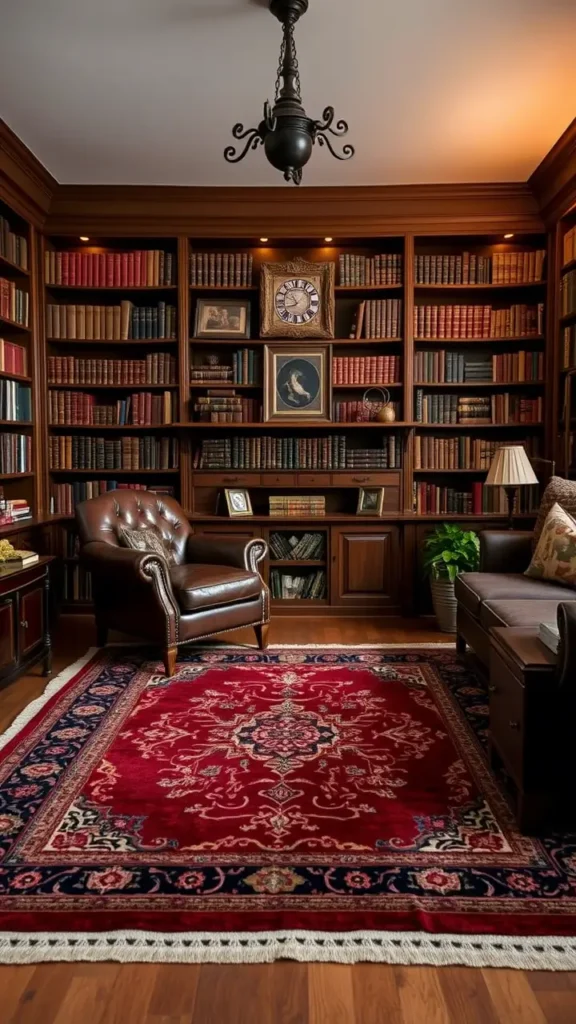 A dark academia living room with a vintage Persian rug in rich burgundy and navy tones layered over a neutral base rug. The surrounding furniture includes a leather armchair, bookshelves, and soft lighting, creating a cozy, collected look.