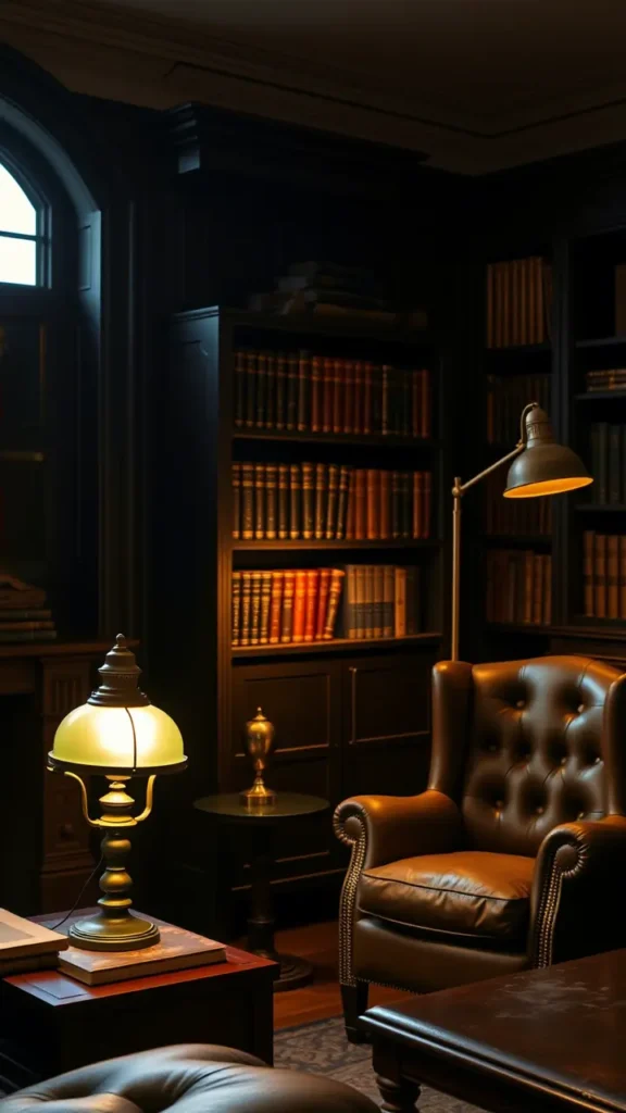 A moody dark academia living room softly lit with vintage-inspired table lamps, including a green banker’s lamp on a side table and a brass floor lamp near a tufted reading chair. The warm lighting casts golden glows on dark walls, bookshelves, and antique wood furniture.