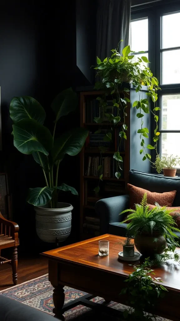 A dark academia living room with dark greenery: a large fiddle leaf fig in an antique ceramic pot, trailing pothos cascading from a bookshelf, and smaller ferns placed on a wooden coffee table. The plants contrast beautifully against the dark walls and vintage furniture.