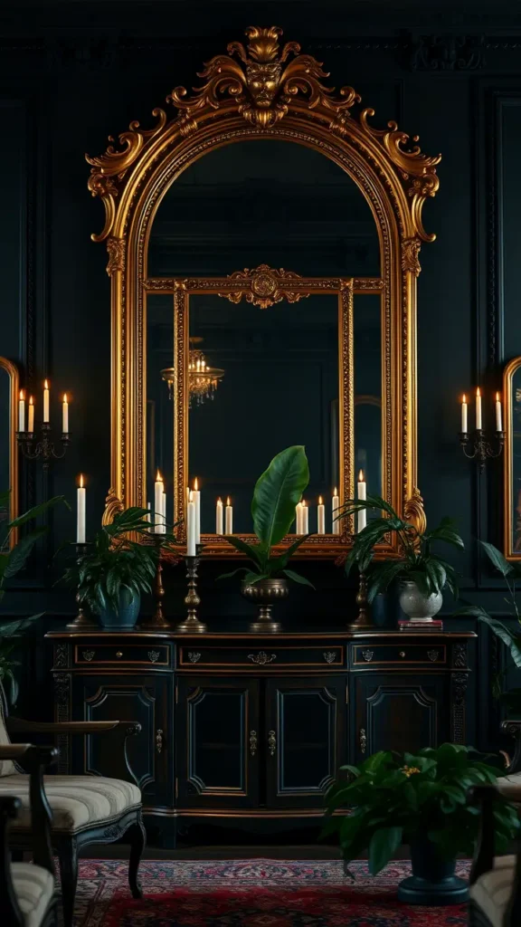 A dark academia living room with a large, ornate antique mirror framed in gilded gold above a dark wood sideboard. The mirror reflects soft candlelight, creating a rich, layered atmosphere with vintage furniture and dark green plants surrounding it.