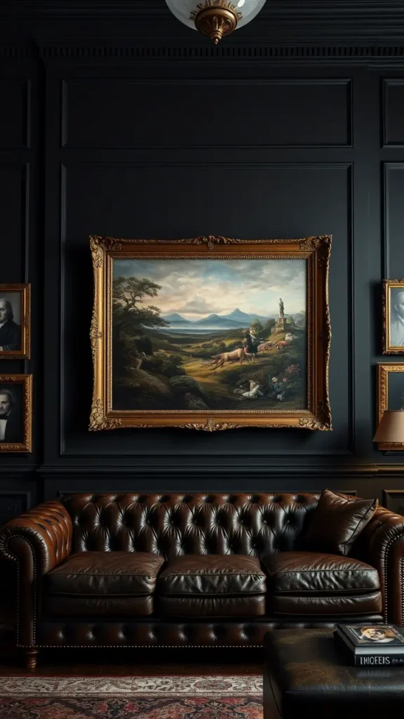 A dark academia living room adorned with old-world art: a large, antique oil painting of a classical landscape above the sofa, and black-and-white portraits on the walls. The vintage frames complement the moody color palette, creating an intellectual, timeless ambiance.
