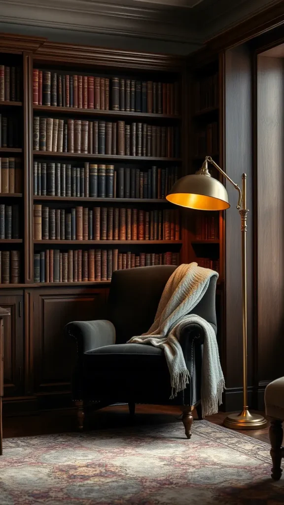 A dark academia living room featuring a cozy reading nook with a plush velvet armchair, a wooden bookshelf stacked with classic books, and a soft throw blanket. An antique-style brass floor lamp provides warm, golden light, creating an intimate and scholarly atmosphere.