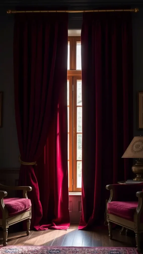 A dark academia living room with heavy velvet curtains in a deep burgundy hue, elegantly puddling on the floor. The curtains frame a large window, letting in soft, diffused natural light, while antique brass curtain rods enhance the vintage aesthetic.