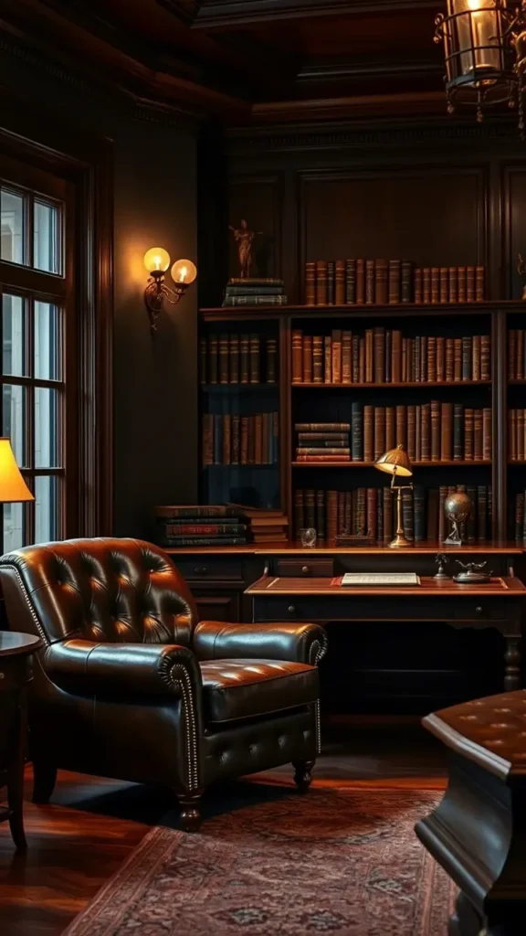 A dark academia living room featuring antique furniture: a leather armchair with tufted details, a vintage wooden writing desk with brass accents, and a wooden bookshelf stacked with old books. The rich wood tones contrast beautifully with the room’s deep color palette and vintage lighting.
