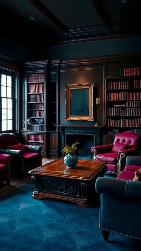 A dark academia living room with dark wood accents: a vintage bookshelf made of rich mahogany, a wooden coffee table with intricate details, and a dark wood picture frame displaying an antique portrait. The furniture contrasts with the room’s deep hues and moody lighting, creating a timeless, scholarly atmosphere.