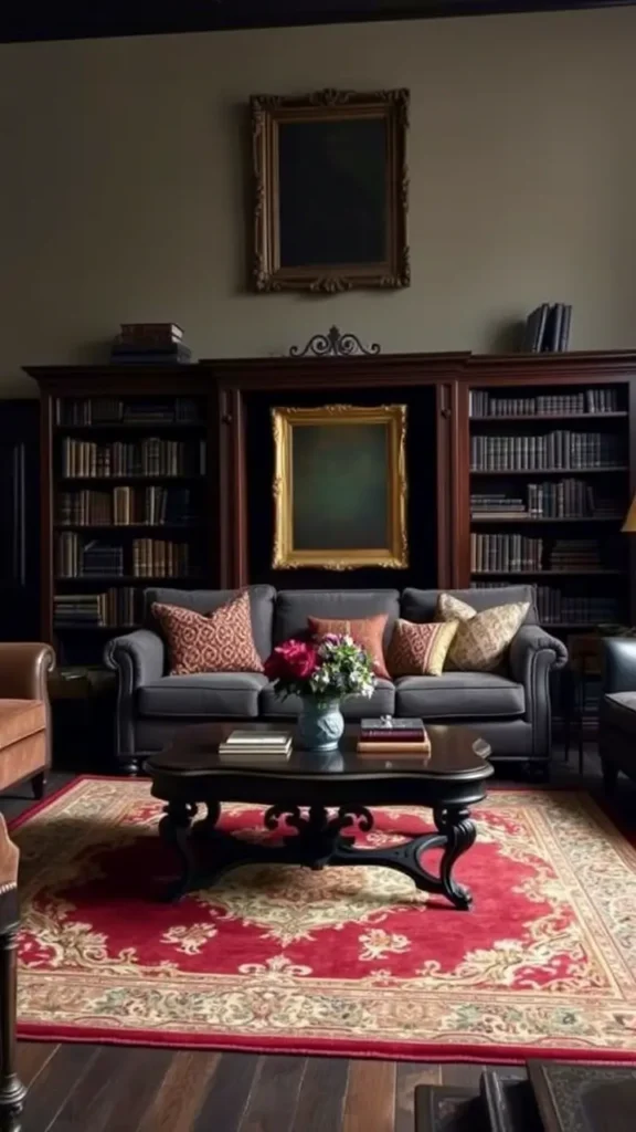 A dark academia living room featuring a vintage Persian rug in deep burgundy and gold, placed under a classic wooden coffee table. The rich textile contrasts beautifully with the dark wood furniture, creating a cozy, scholarly atmosphere with a sense of history.