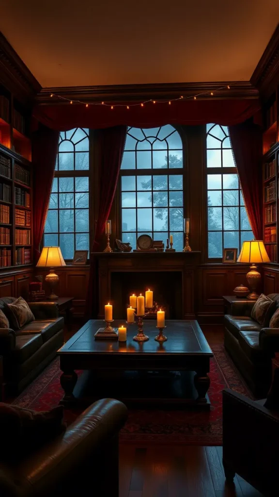 A dark academia living room with moody lighting: antique brass table lamps casting a soft glow next to vintage bookshelves, a pair of candles flickering on the coffee table, and string lights draped across the mantel. The lighting creates a warm, inviting atmosphere, perfect for reading or studying.