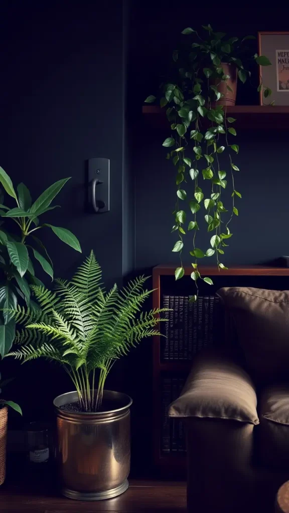 A dark academia living room with dark greenery: a vintage-style brass planter with a flourishing fern placed next to a wooden bookshelf. A trailing pothos plant cascades from a high shelf, adding texture and life to the room, blending seamlessly with the room's moody color palette.