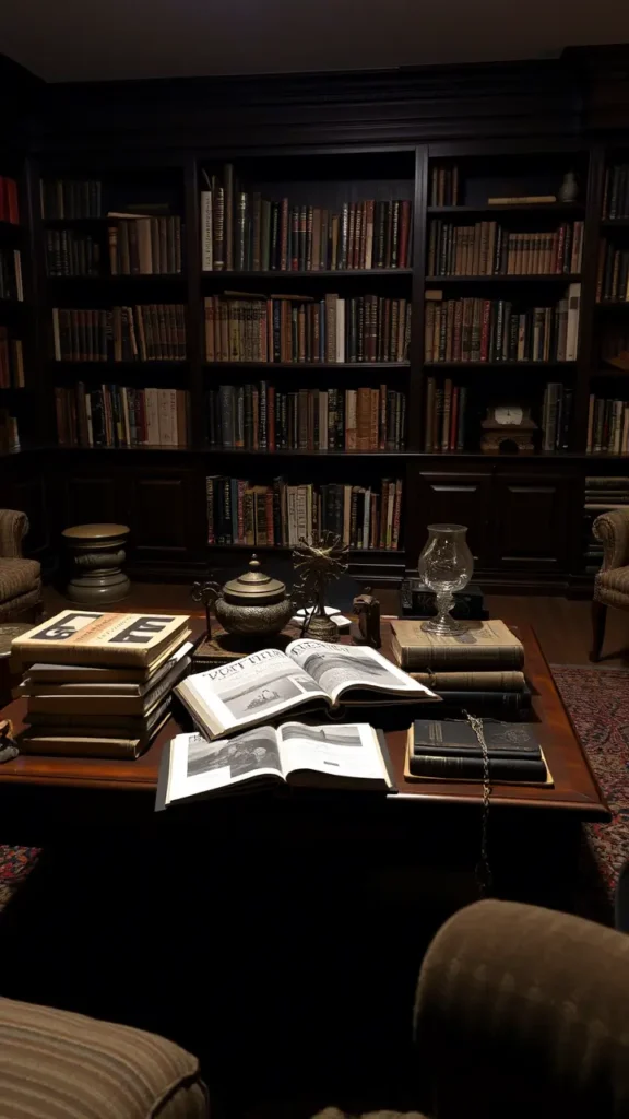 A dark academia living room with books layered on a vintage wooden coffee table. A stack of hardcovers rests beside an open art magazine, and more books are arranged on shelves in varying heights. The setup feels intellectual yet cozy, with antique trinkets scattered around.