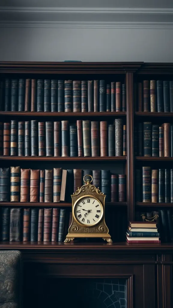 A dark academia living room featuring a vintage mantel clock in brass, placed on a wooden bookshelf next to leather-bound books. The clock’s antique design, with Roman numerals and a polished finish, adds a timeless, intellectual touch to the room.