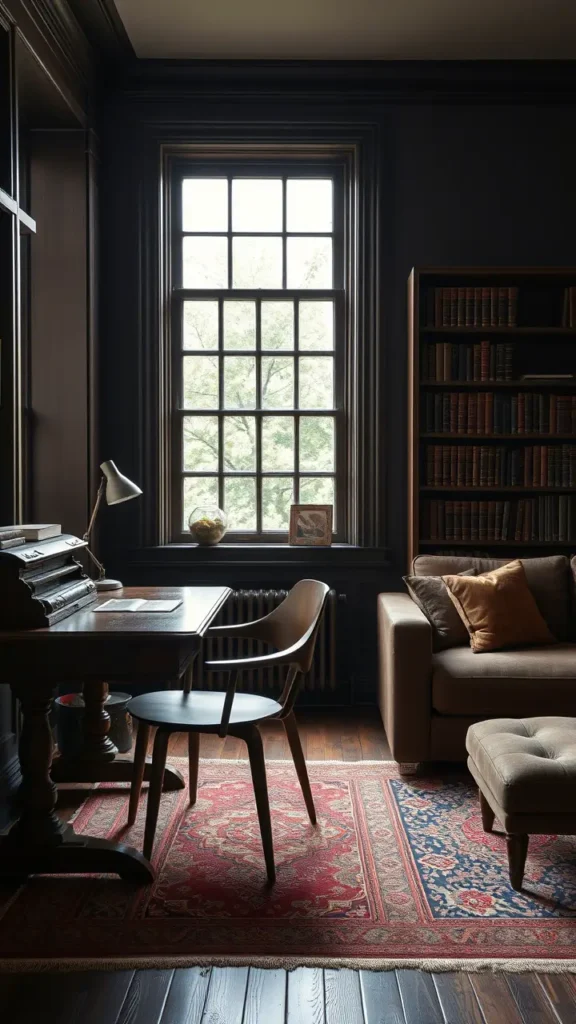 A dark academia living room featuring an antique wooden writing desk paired with a modern minimalist chair. The space also includes a vintage rug beneath a sleek, contemporary sectional sofa. The room feels balanced and timeless, with a perfect mix of classic and modern elements.