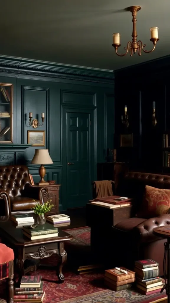 A dark academia living room featuring antique furniture: a tufted leather armchair, a carved wooden coffee table, and a velvet roll-arm sofa. The room has dark walls, layered lighting, and scattered vintage books. The furniture looks aged but elegant, creating a scholarly and nostalgic vibe.