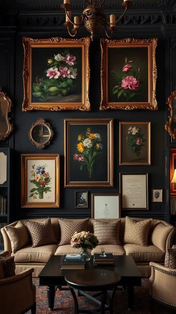 A moody dark academia living room wall with classic oil portraits in ornate gold frames, surrounded by vintage mirrors and literary art prints. The walls are dark, the lighting is warm, and the atmosphere feels rich, intellectual, and timeless.