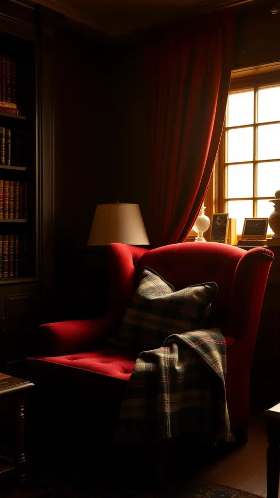 A dark academia living room featuring velvet curtains, tweed throw pillows, and a burgundy velvet armchair. A plaid blanket is draped casually over the side, with warm lighting casting shadows. The room feels textured, warm, and distinctly scholarly.