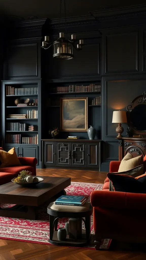 A dark academia living room with dark wood furniture: a walnut coffee table, espresso-stained bookshelves, and a carved wooden sideboard. Warm lighting and velvet textiles soften the look, creating a space that feels rich, balanced, and elegant.