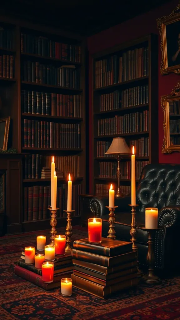 A dark academia living room with clusters of candles: tall tapers in ornate brass holders, small tealights on books, and a few pillar candles glowing softly. The room has rich wall colors, moody lighting, and vintage decor that enhance the warm, intellectual vibe.
