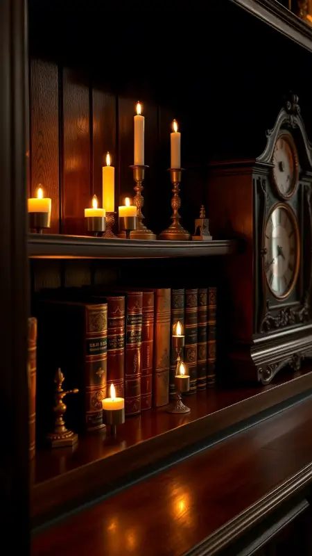 A cluster of flickering flameless candles in antique brass holders arranged on a dark wooden shelf, softly illuminating leather-bound books and an old clock