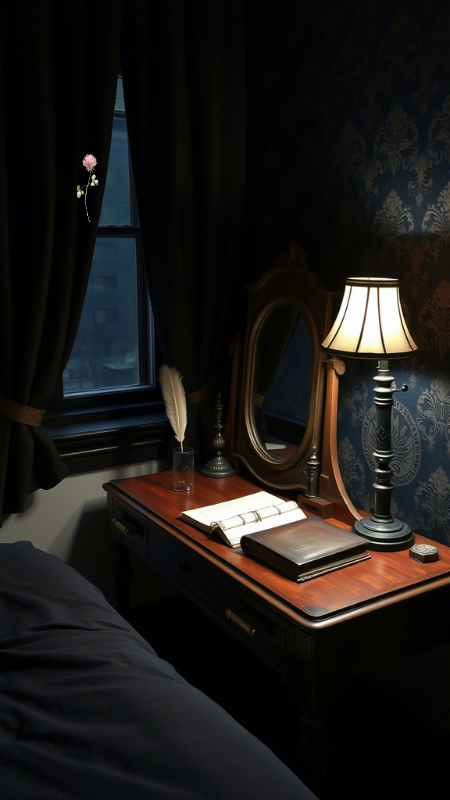 Dark Academia Vanity Table in a Small Bedroom