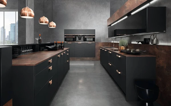 black and copper kitchen