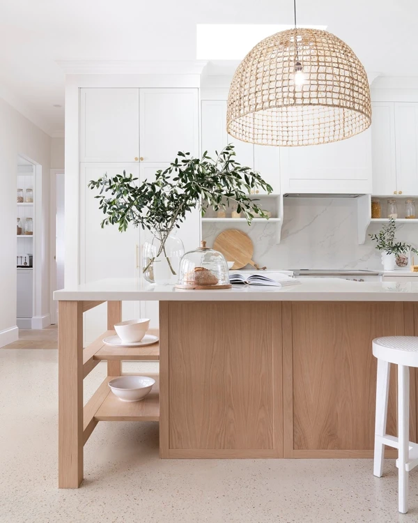 Natural Wood Island with Woven Pendant Light