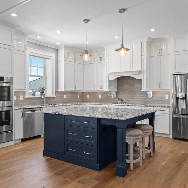 Dark Island Anchors Bright Kitchen