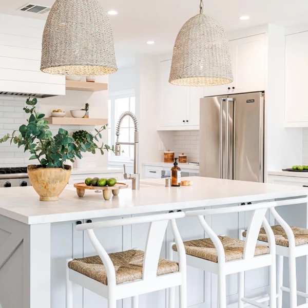 Coastal Farmhouse Kitchen with Woven Pendant Lights