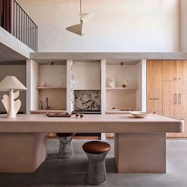 Minimalist Pink Kitchen with Statement Shelving