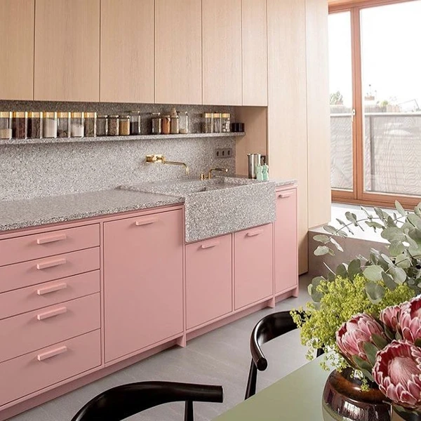 Soft Pink Cabinetry with Modern Minimalism