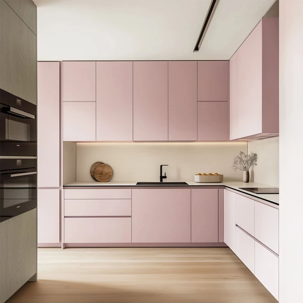 Soft Pink Cabinetry with Modern Minimalism