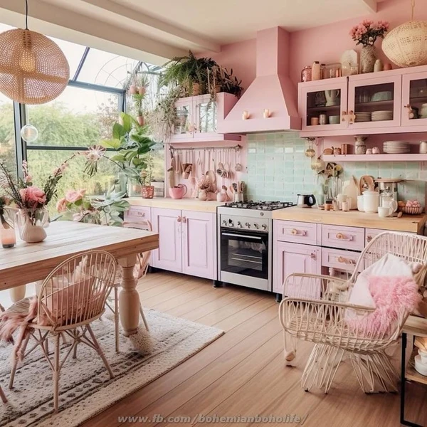 Soft Pink Kitchen with Botanical Charm