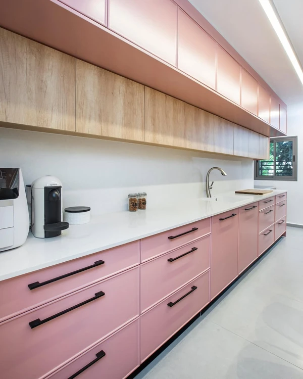Soft Pink Cabinetry with Modern Minimalism
