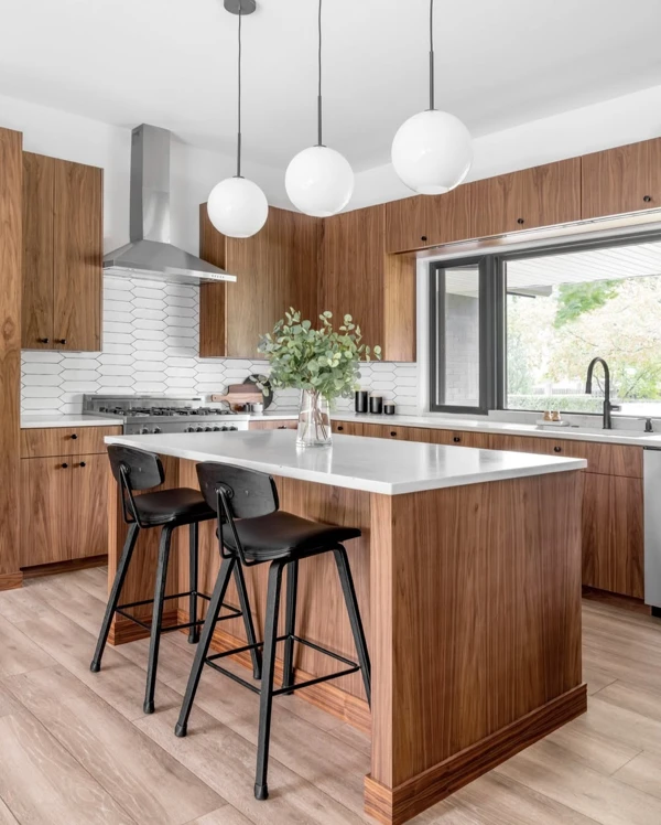 Walnut Cabinets With Spherical Pendant Elegance