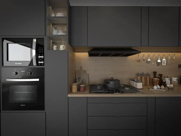 Dark Cabinetry with Warm Wood Accents