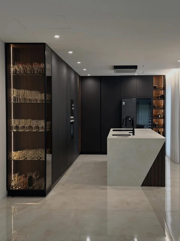 Dark Kitchens with Curated Display Shelving