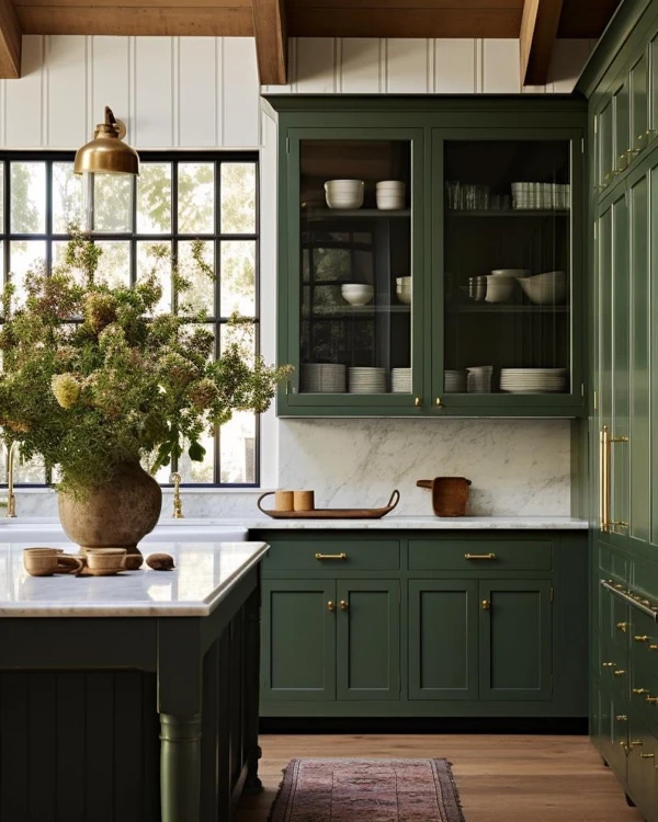Forest Green Cabinetry with Marble Elegance
