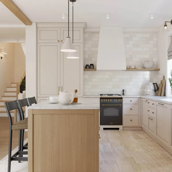 Cream Cabinetry with Warm Wood Island
