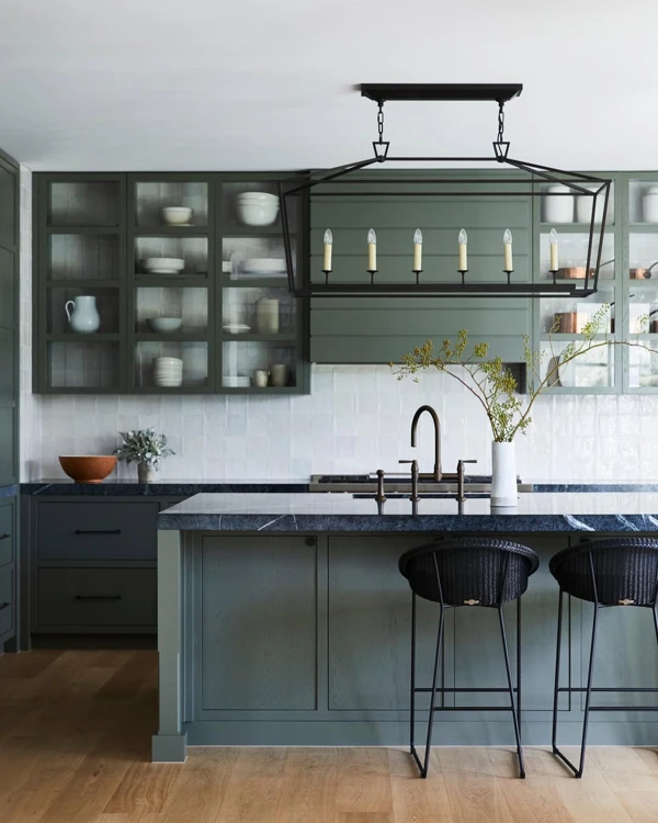 Sage Green Cabinetry with Industrial Lighting