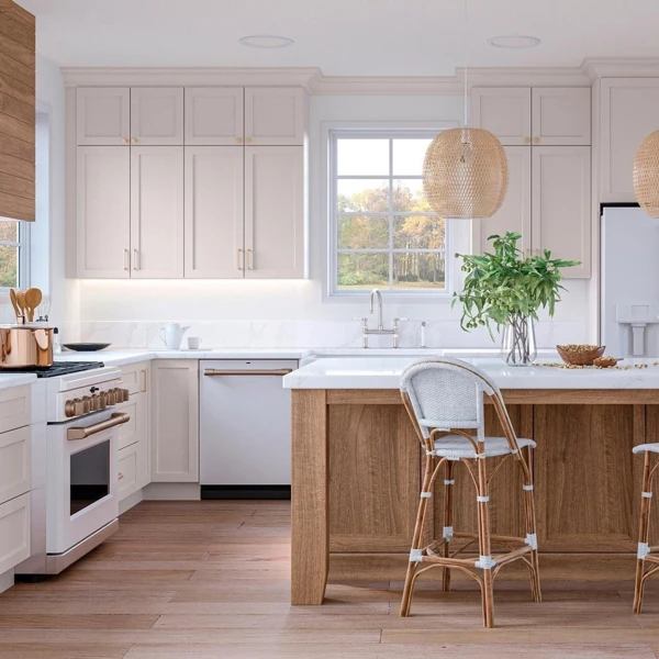 Woven Pendants with Rattan Barstool Seating