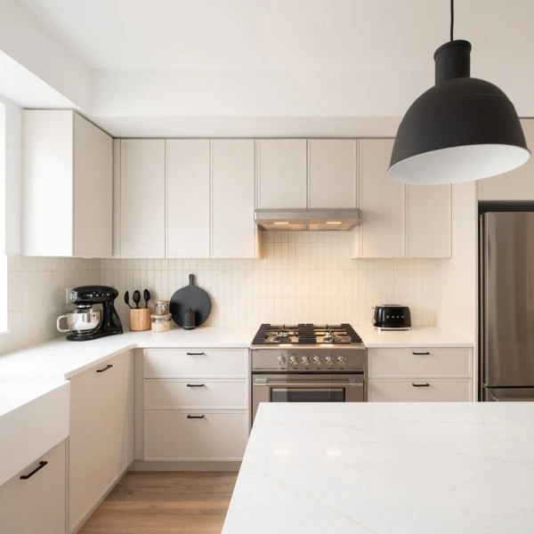 Cream Cabinetry with Industrial Pendant Lighting
