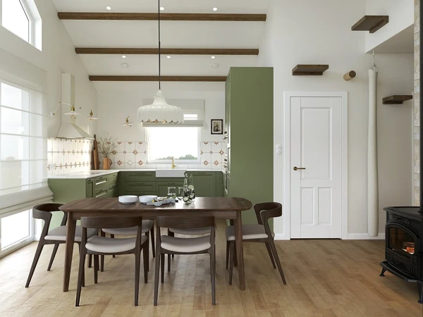 Green Cabinetry with Rustic Beam Details