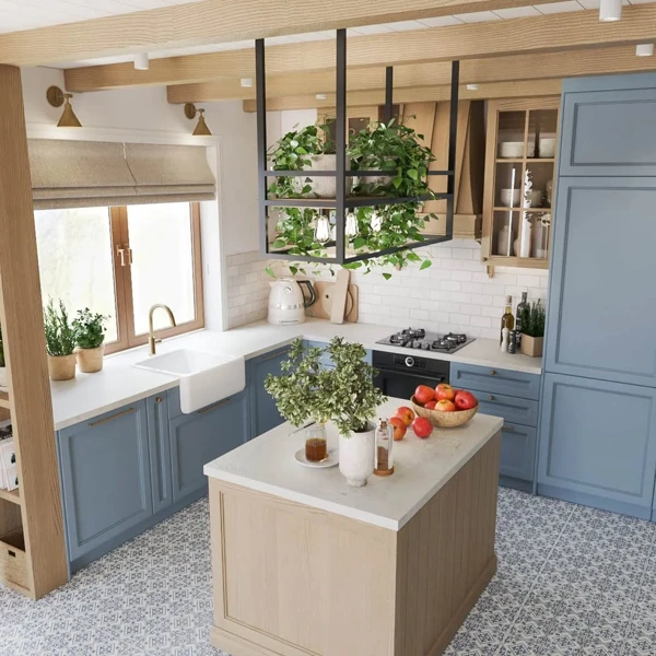 Blue Cabinetry with Hanging Garden Charm