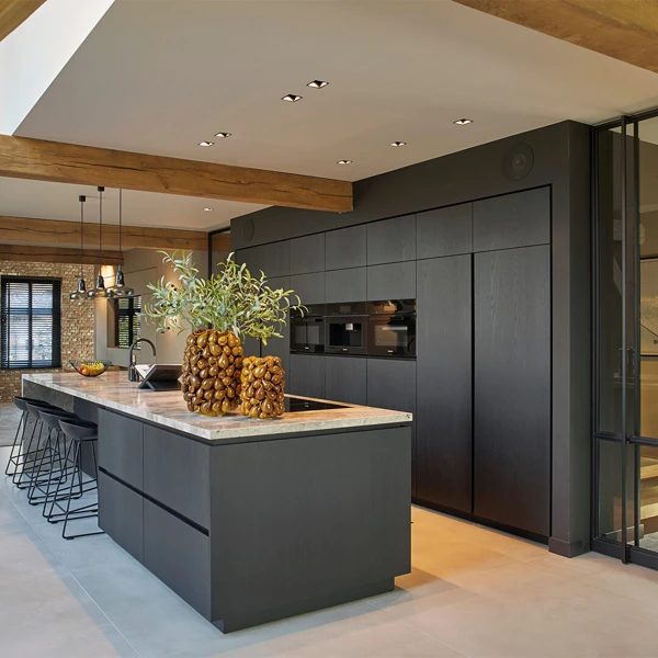 Dark Gray Meets Warm Wood Beams