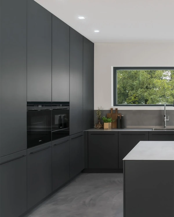 Charcoal Minimalism with Built-In Appliances