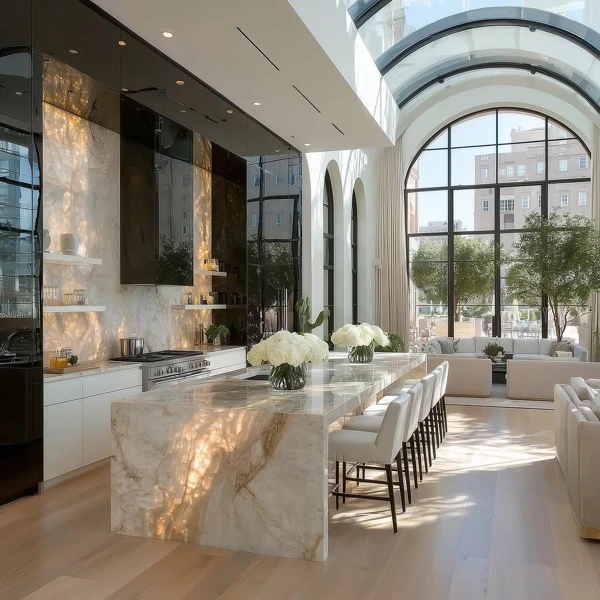 Curved Windows Frame Your Marble Kitchen