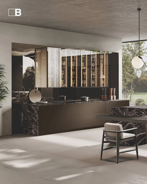 Black Cabinetry With Backlit Golden Shelves
