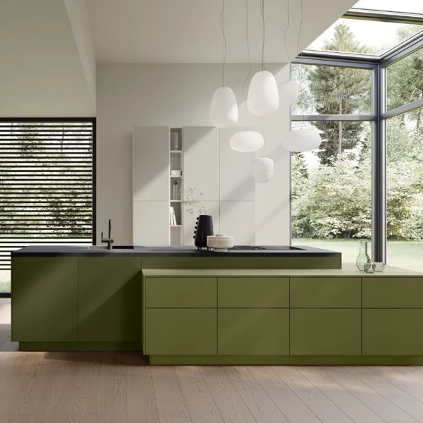 Olive Green Cabinetry With Nature Views