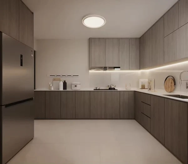 Warm Taupe Cabinetry With Ambient Strip Lighting