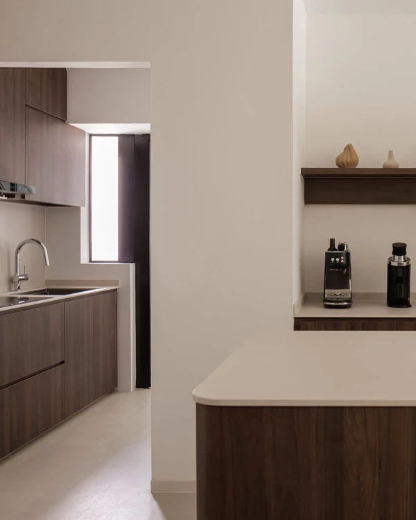Dark Wood Elegance With Floating Shelves